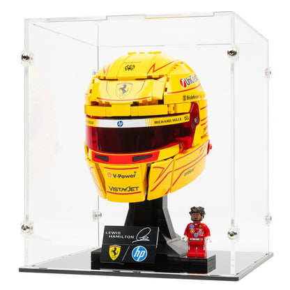 Angled view of LEGO 43022 Scuderia Ferrari HP Lewis Hamilton Helmet Display Case.