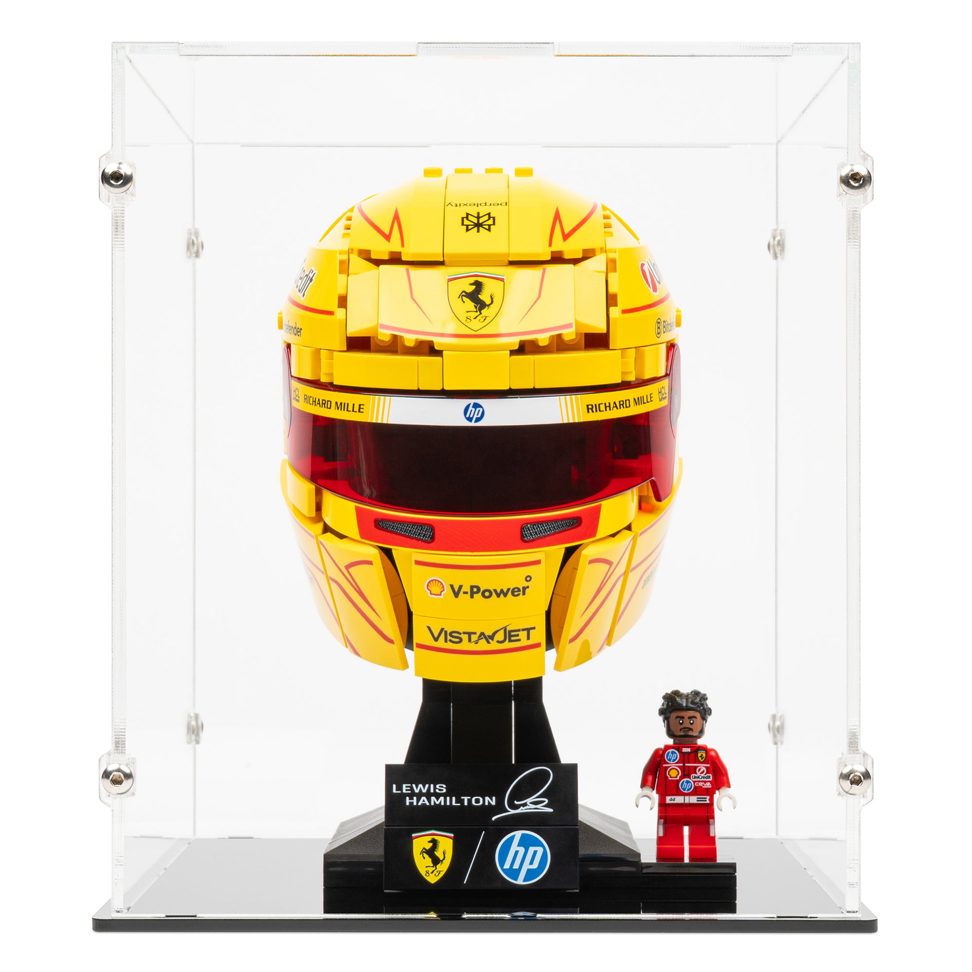Front view of LEGO 43022 Scuderia Ferrari HP Lewis Hamilton Helmet Display Case.