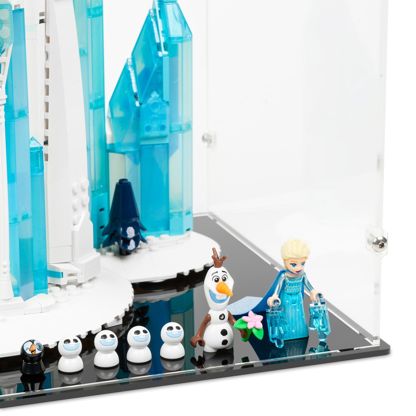 Fitting detail view of LEGO 43197 The Ice Castle Display Case with a black base.
