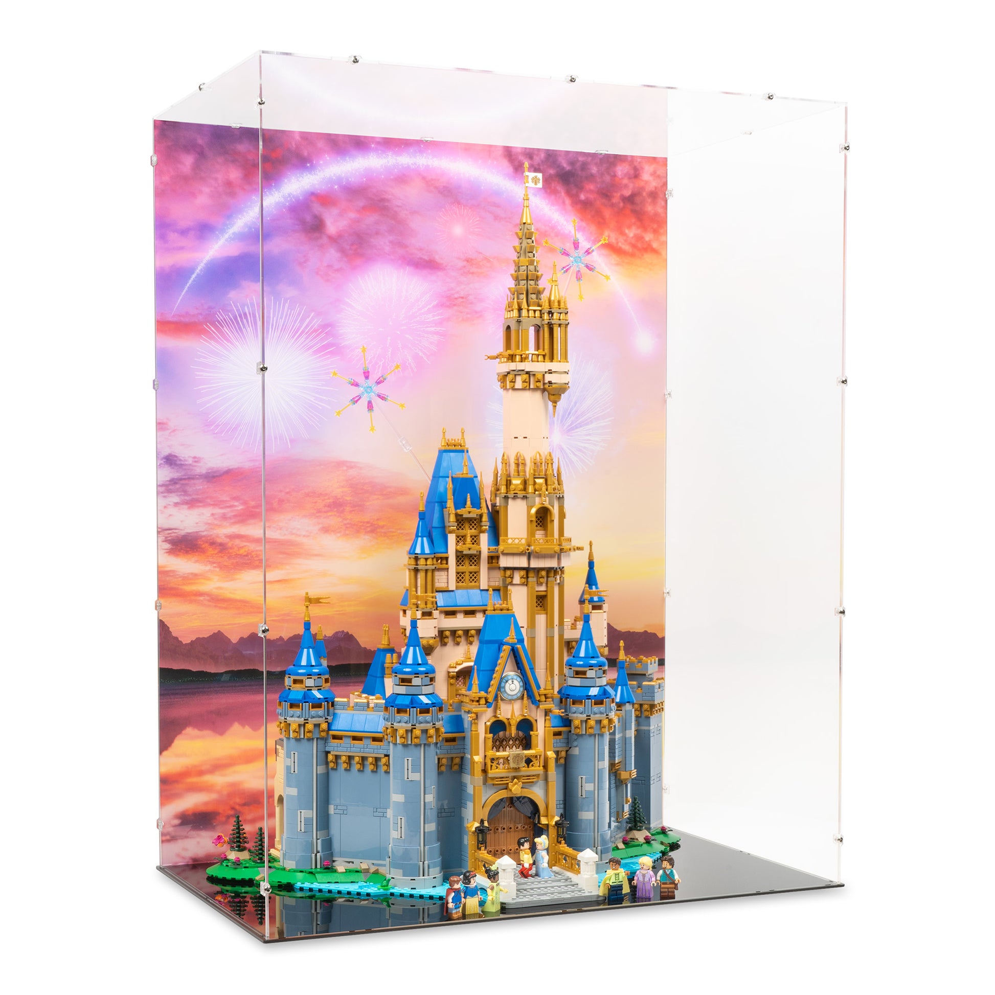 Angled view of LEGO 43222 Disney Castle Display Case with a UV printed background.