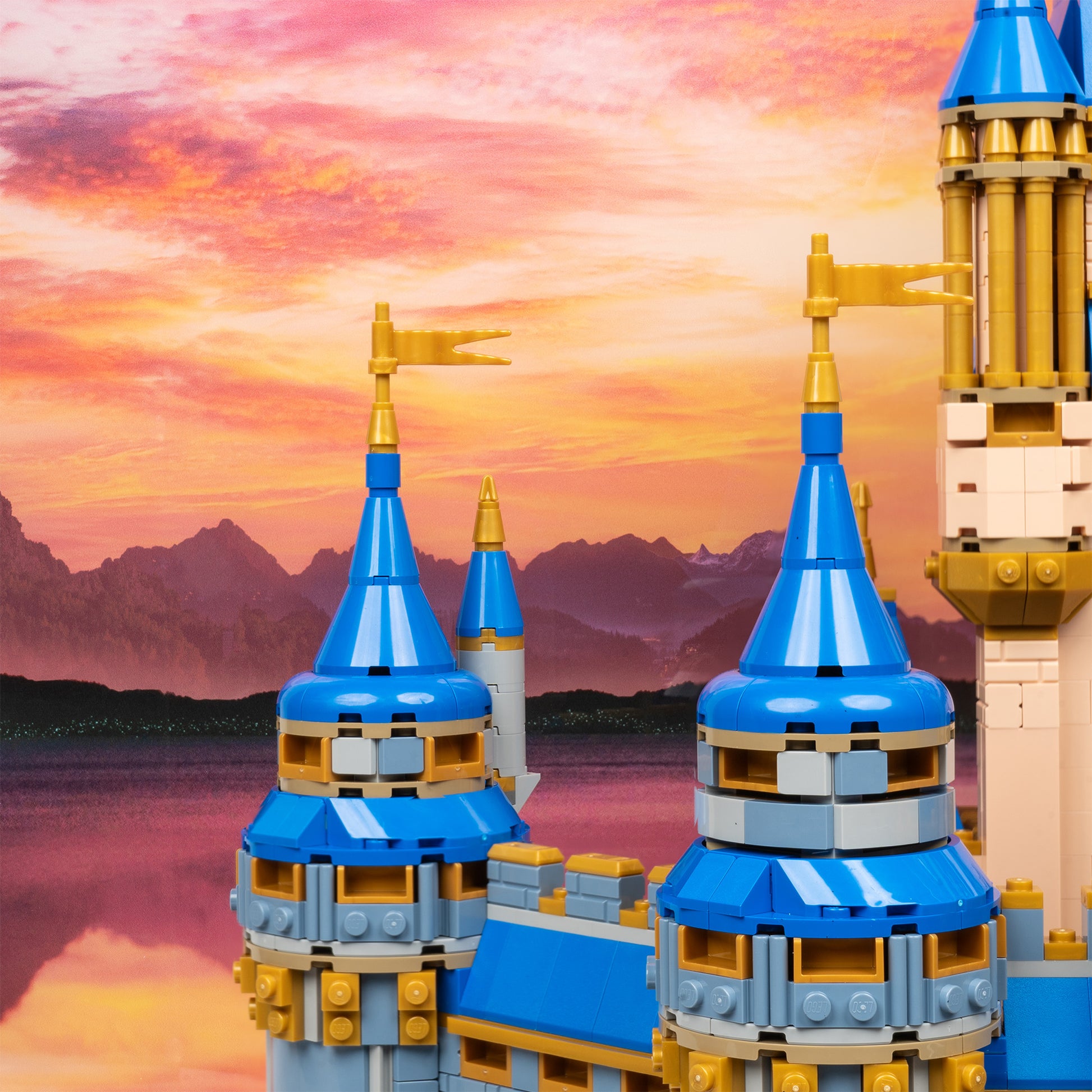 Castle wall detail view of LEGO 43222 Disney Castle Display Case with a UV printed background.