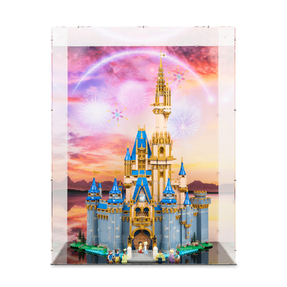 Front view of LEGO 43222 Disney Castle Display Case with a UV printed background.