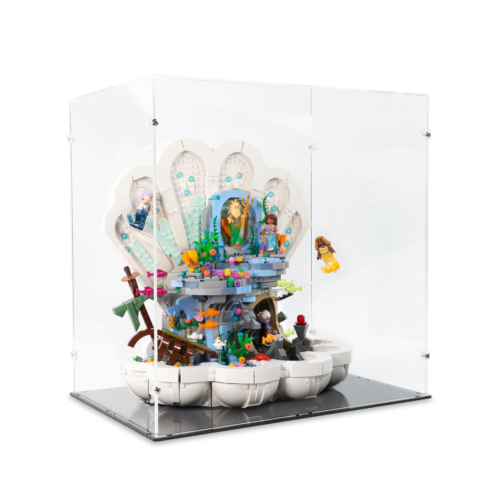 Angled view of LEGO 43225 The Little Mermaid Royal Clamshell Display Case.