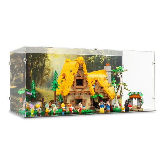 Angled view of LEGO 43242 Snow White and the Seven Dwarfs' Cottage Display Case with a UV printed background.