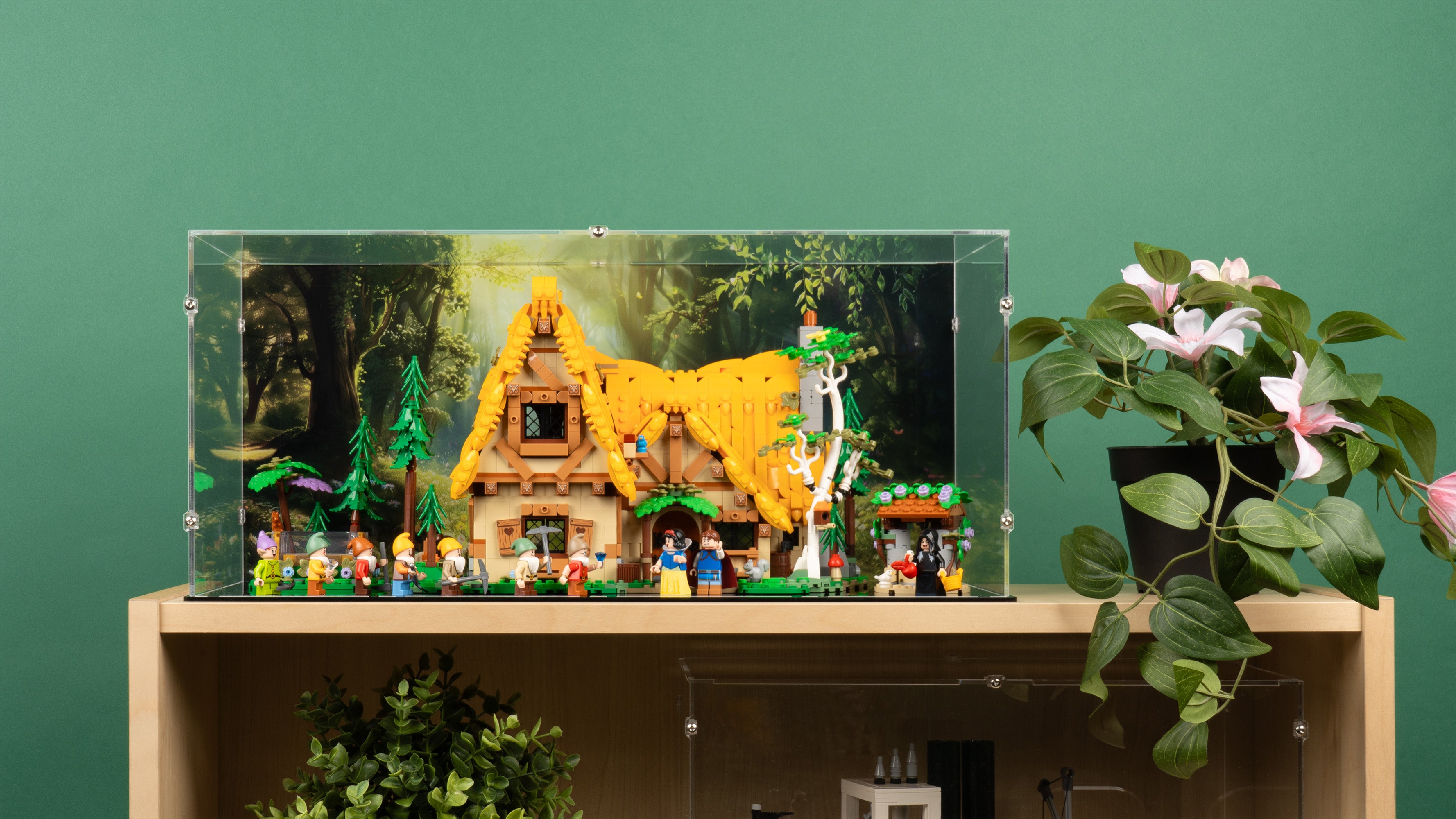 LEGO 43242 Snow White and the Seven Dwarfs' Cottage Display Case with a UV printed background.