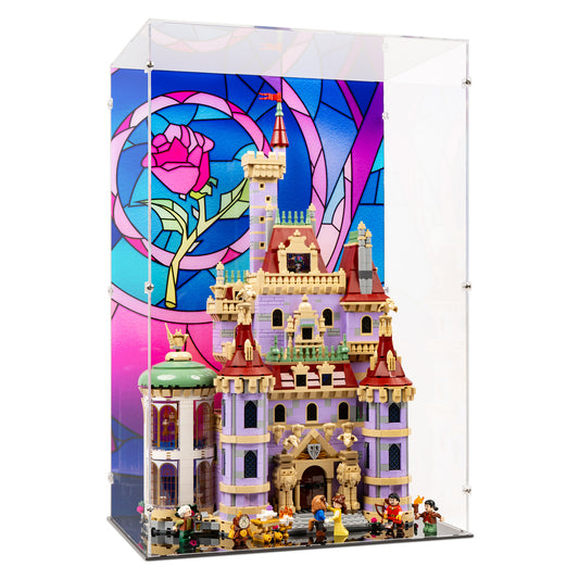 Angled view of LEGO 43263 Beauty and the Beast Castle Display Case with a UV printed background.