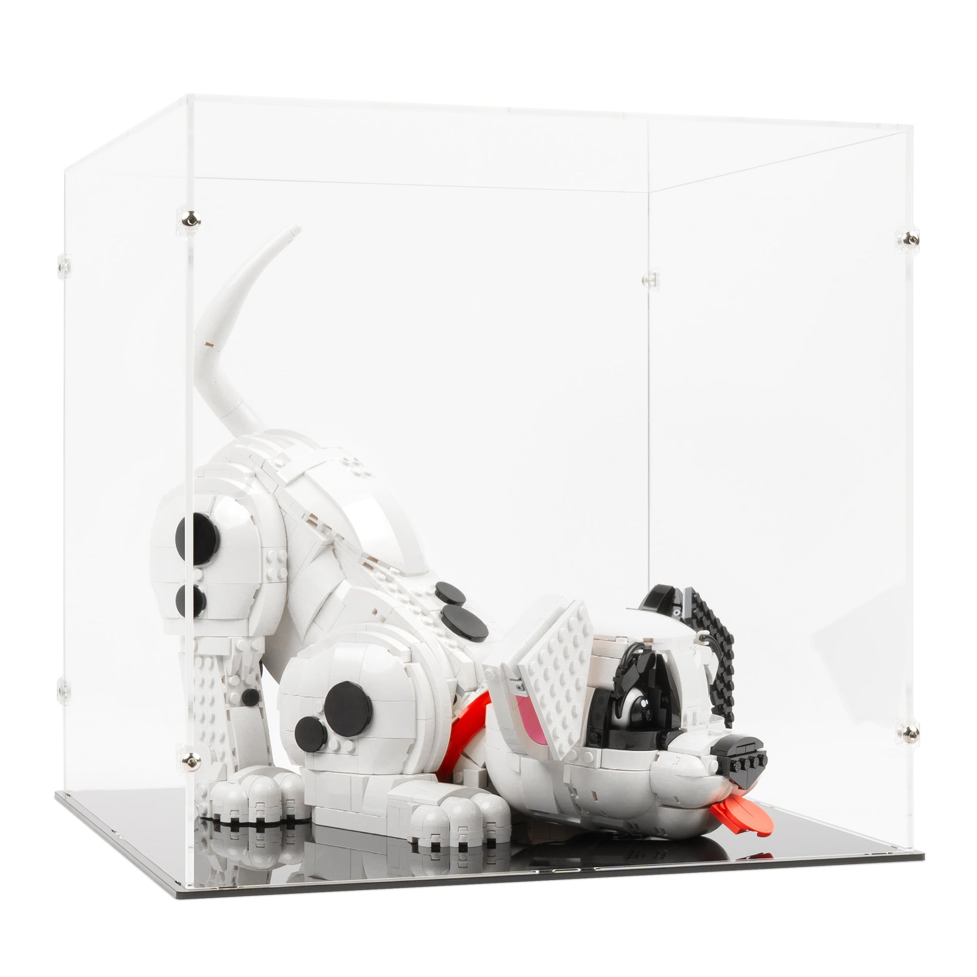 Angled view of LEGO 43269 101 Dalmatians Puppy Display Case.