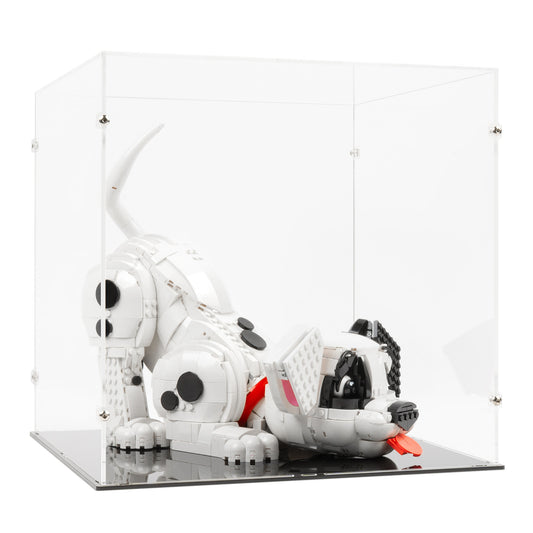 Angled view of LEGO 43269 101 Dalmatians Puppy Display Case.