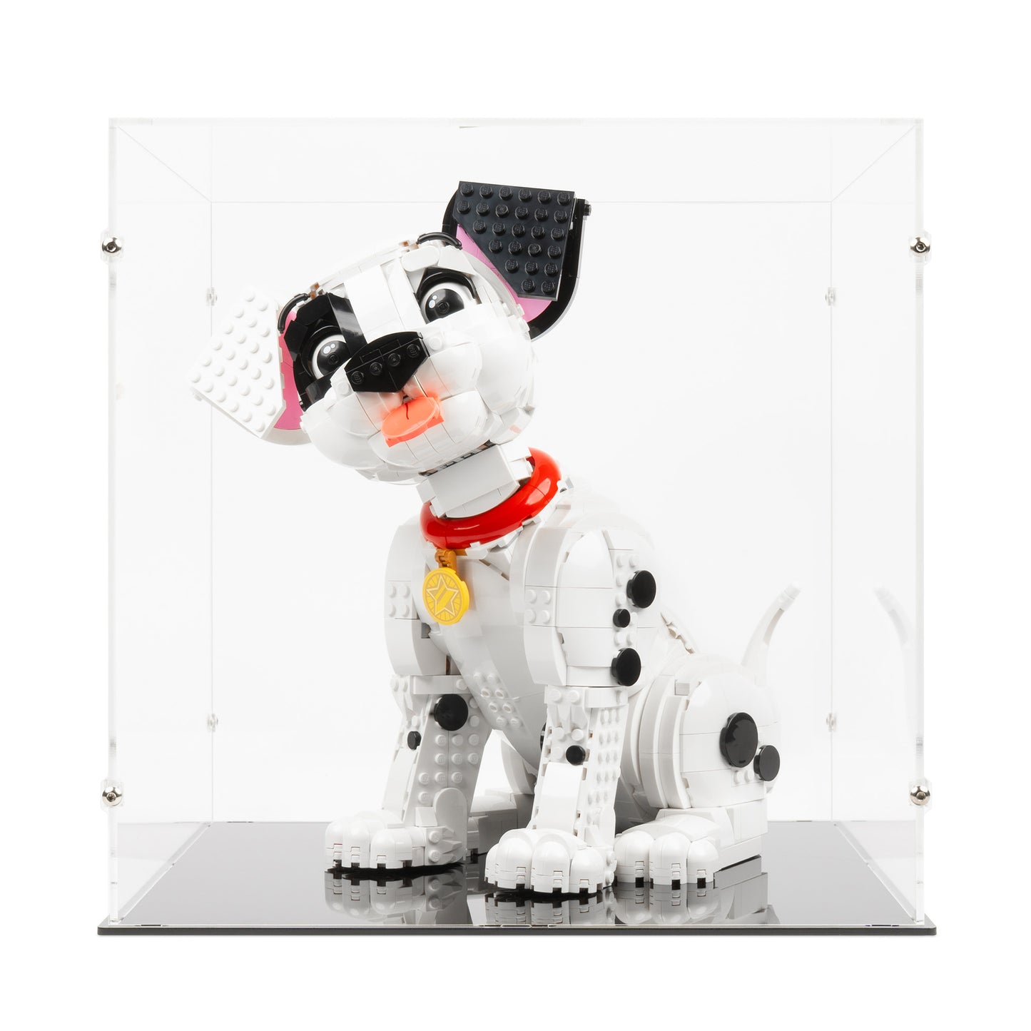 Front view of LEGO 43269 101 Dalmatians Puppy Display Case in an alternate position.