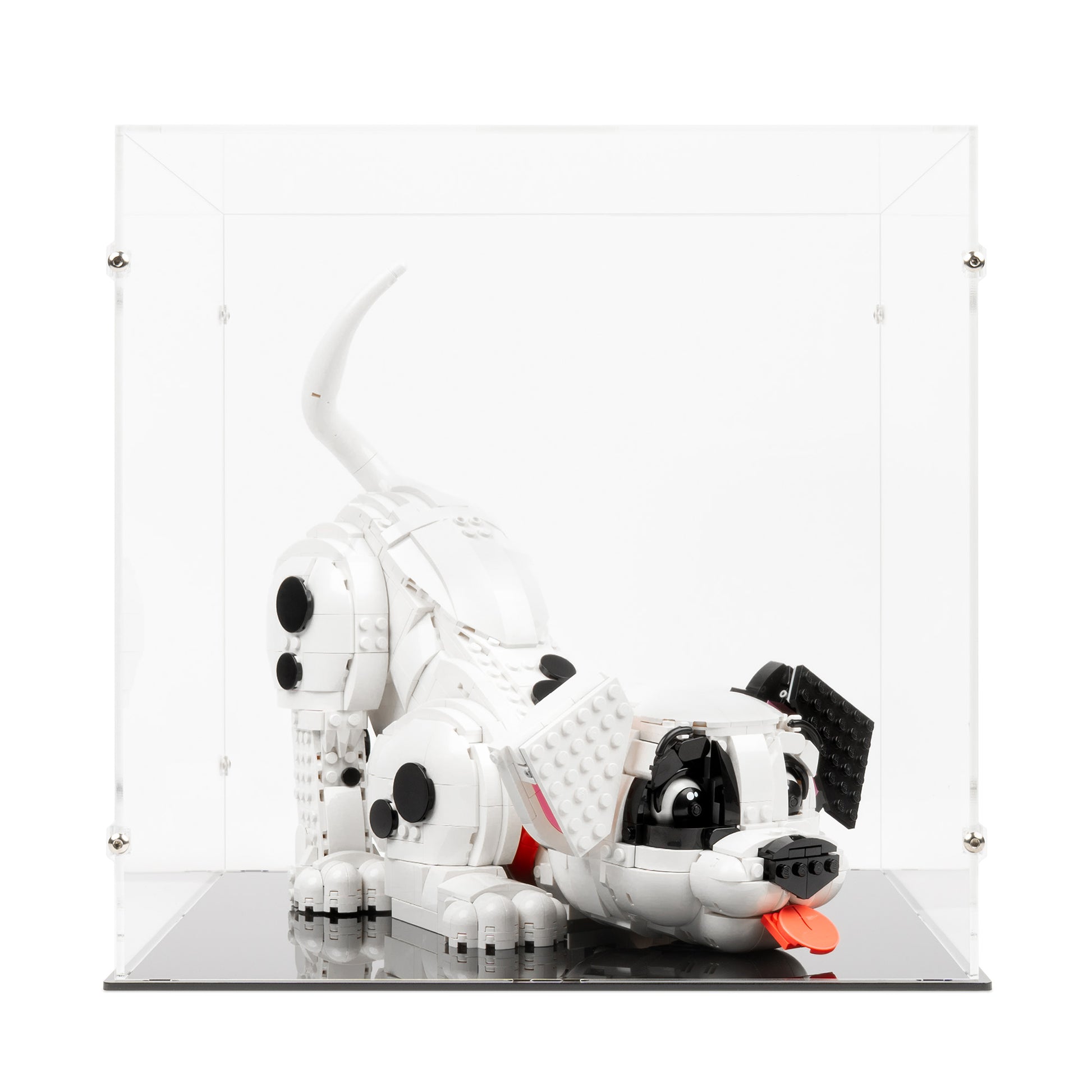 Front view of LEGO 43269 101 Dalmatians Puppy Display Case.