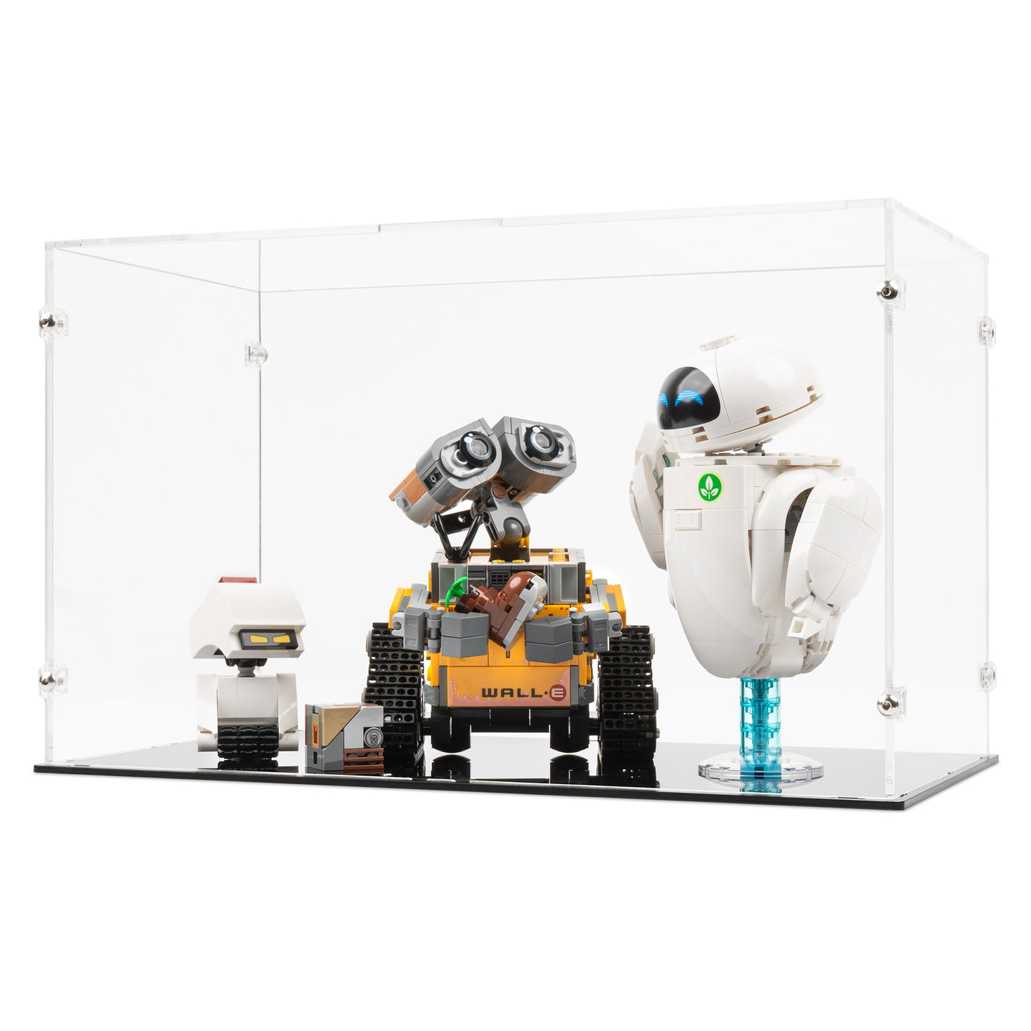 Angled view of LEGO 43279 WALL-E and EVE Display Case.