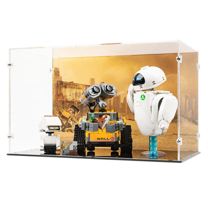 Angled view of LEGO 43279 WALL-E and EVE Display Case with a UV printed background.