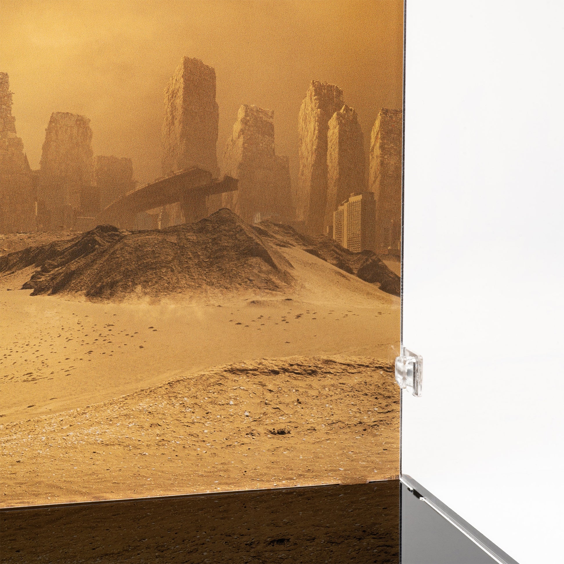 Corner detail view of LEGO 43279 WALL-E and EVE Display Case with a UV printed background.