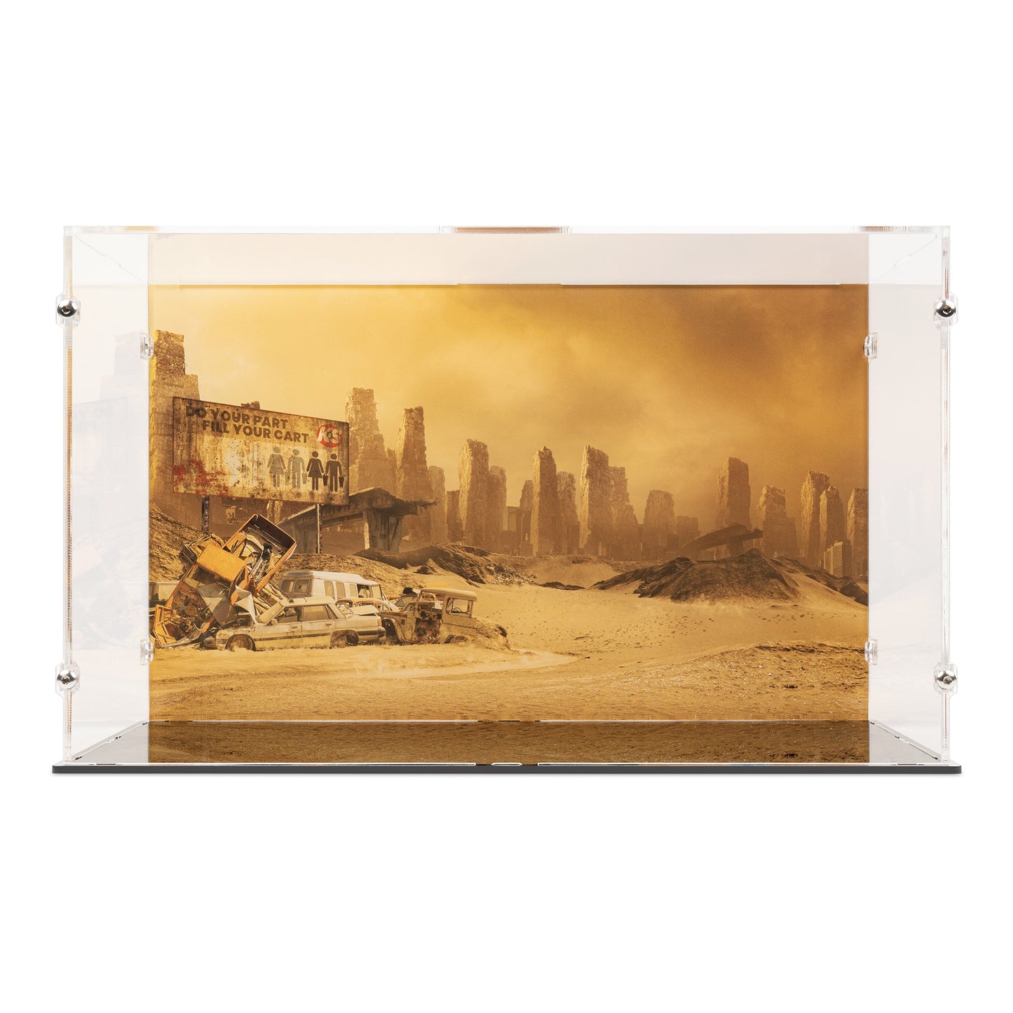 Front view of empty LEGO 43279 WALL-E and EVE Display Case with a UV printed background.