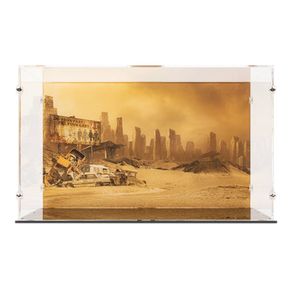 Front view of empty LEGO 43279 WALL-E and EVE Display Case with a UV printed background.