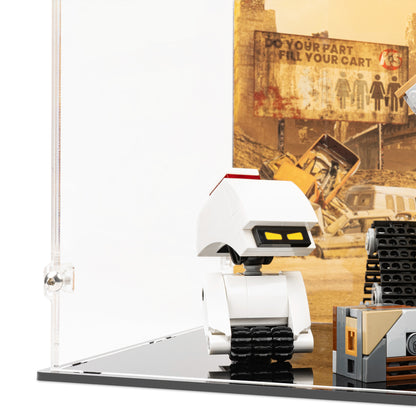 Fitting detail view of LEGO 43279 WALL-E and EVE Display Case with a UV printed background.