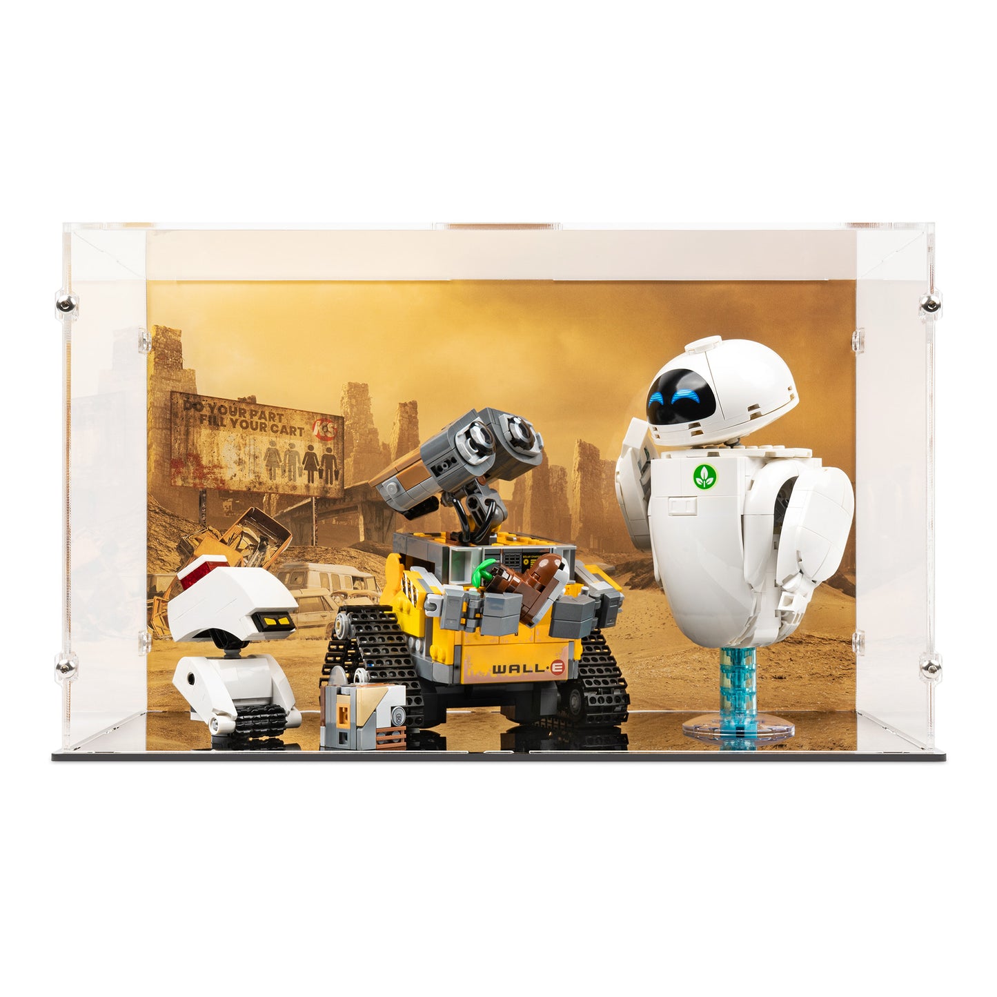 Front view of LEGO 43279 WALL-E and EVE Display Case with a UV printed background.