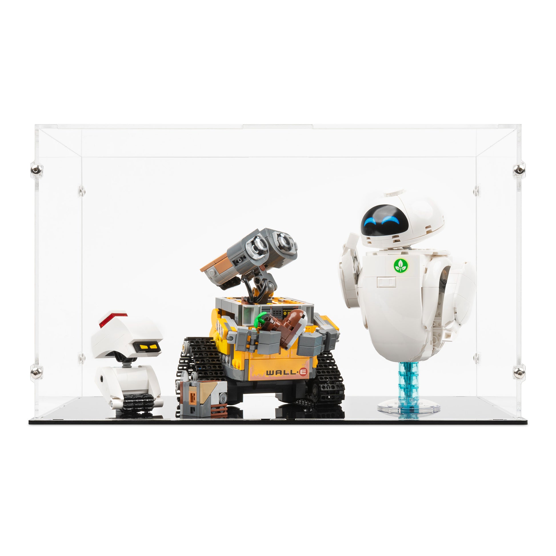 Front view of LEGO 43279 WALL-E and EVE Display Case.