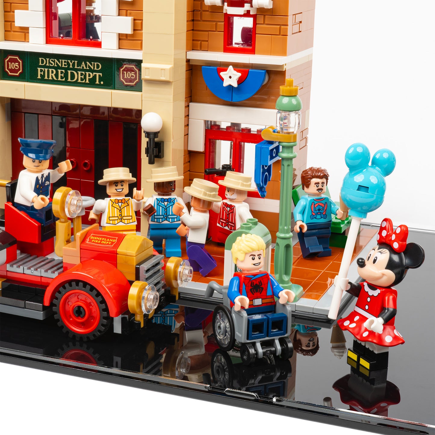 Dapper Dans detail view of LEGO 43302 Main Street, USA Display Case.