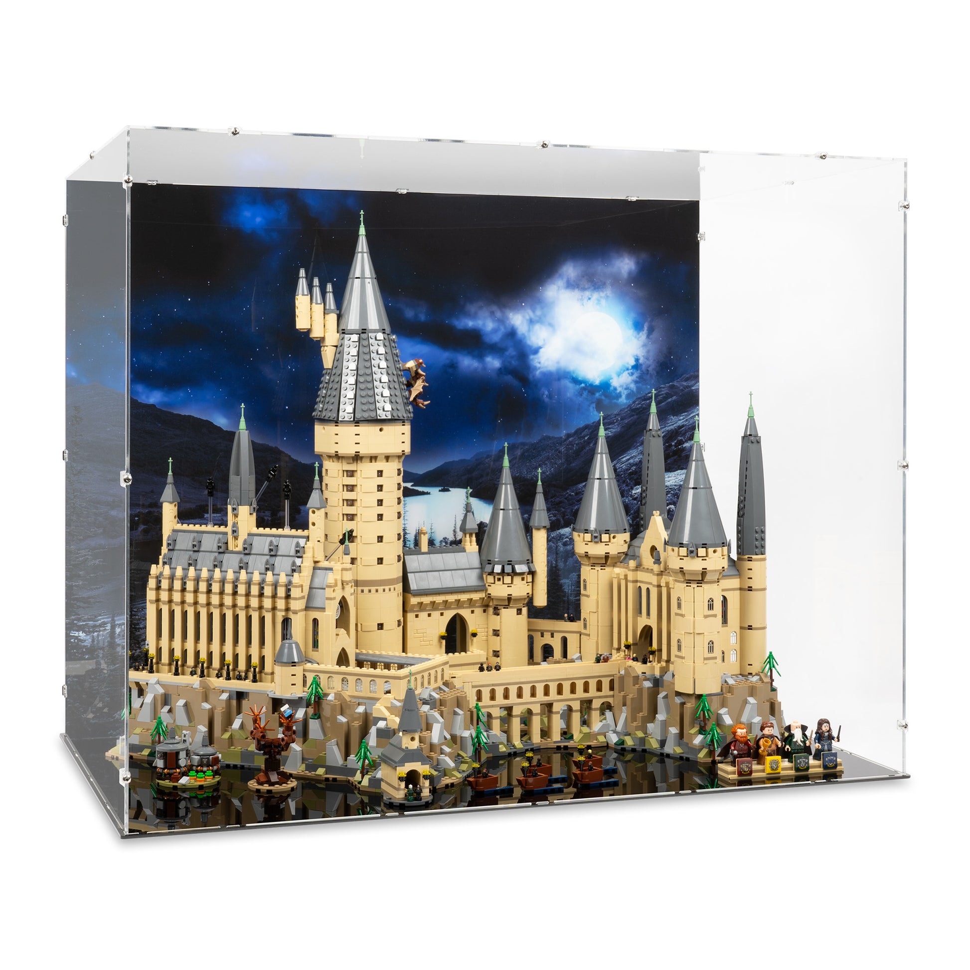 Angled view of LEGO 71043 Hogwarts Castle Display Case with a UV printed background.