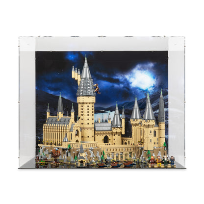 Front view of LEGO 71043 Hogwarts Castle Display Case with a UV printed background.