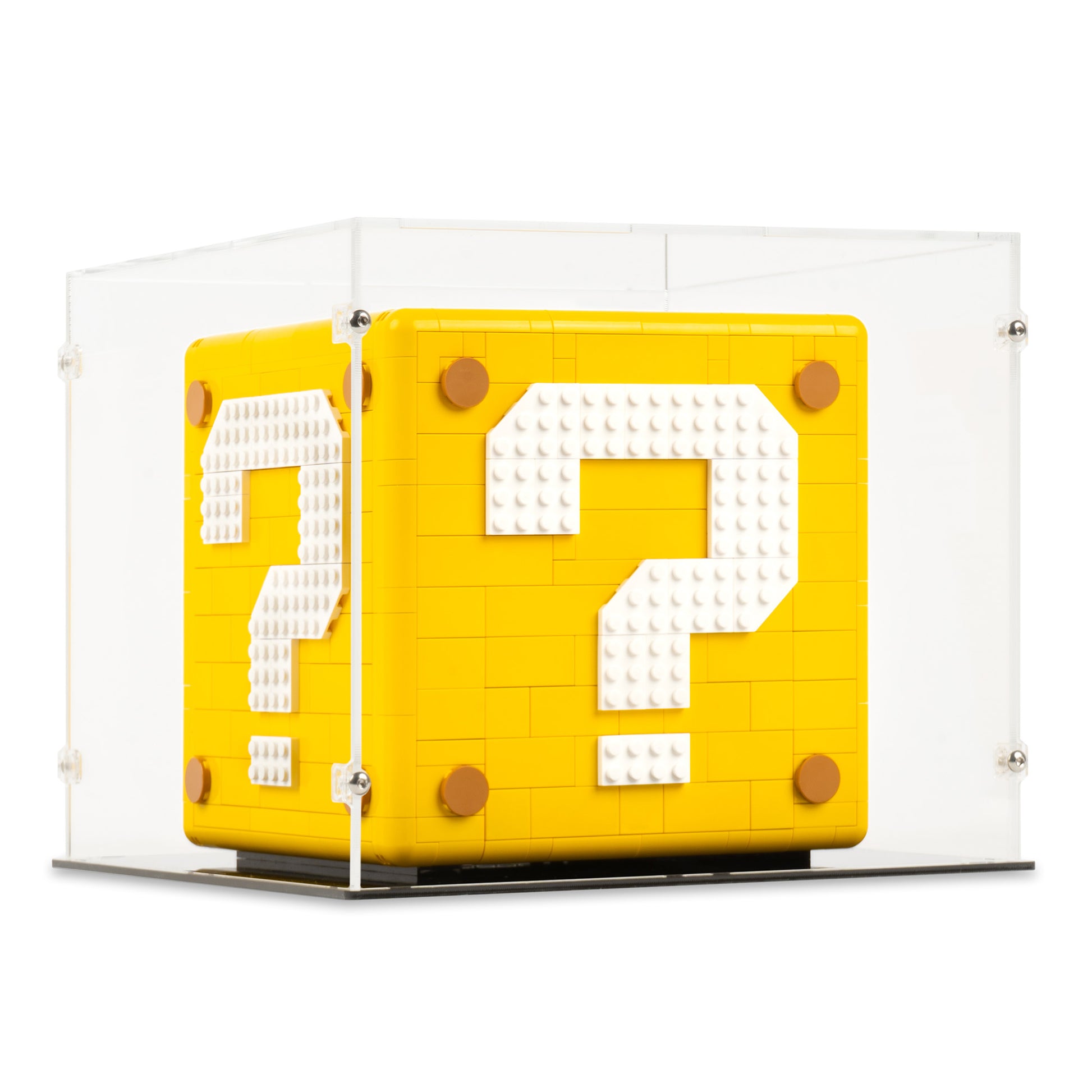 Angled view of LEGO 71395 Super Mario 64 Question Mark Block Display Case in the closed position.