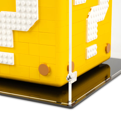 Fitting detail view of LEGO 71395 Super Mario 64 Question Mark Block Display Case in the closed position.