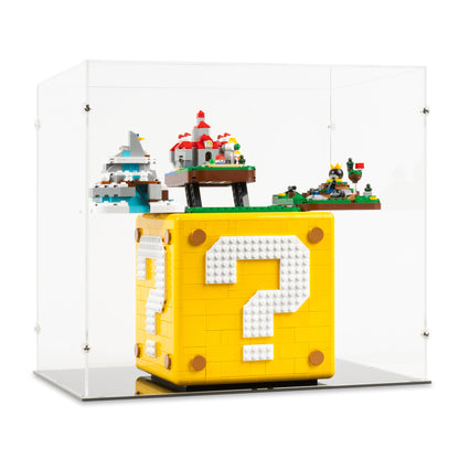 Angled view of LEGO 71395 Super Mario 64 Question Mark Block Display Case in the open position.