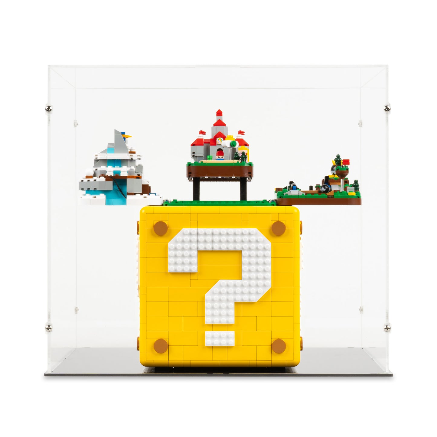 Front view of LEGO 71395 Super Mario 64 Question Mark Block Display Case in the open position.
