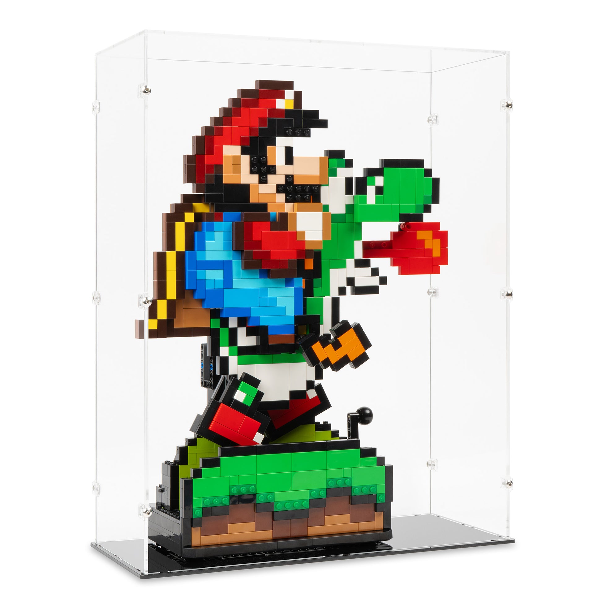 Angled view of LEGO 71438 Super Mario World Mario and Yoshi Display Case.