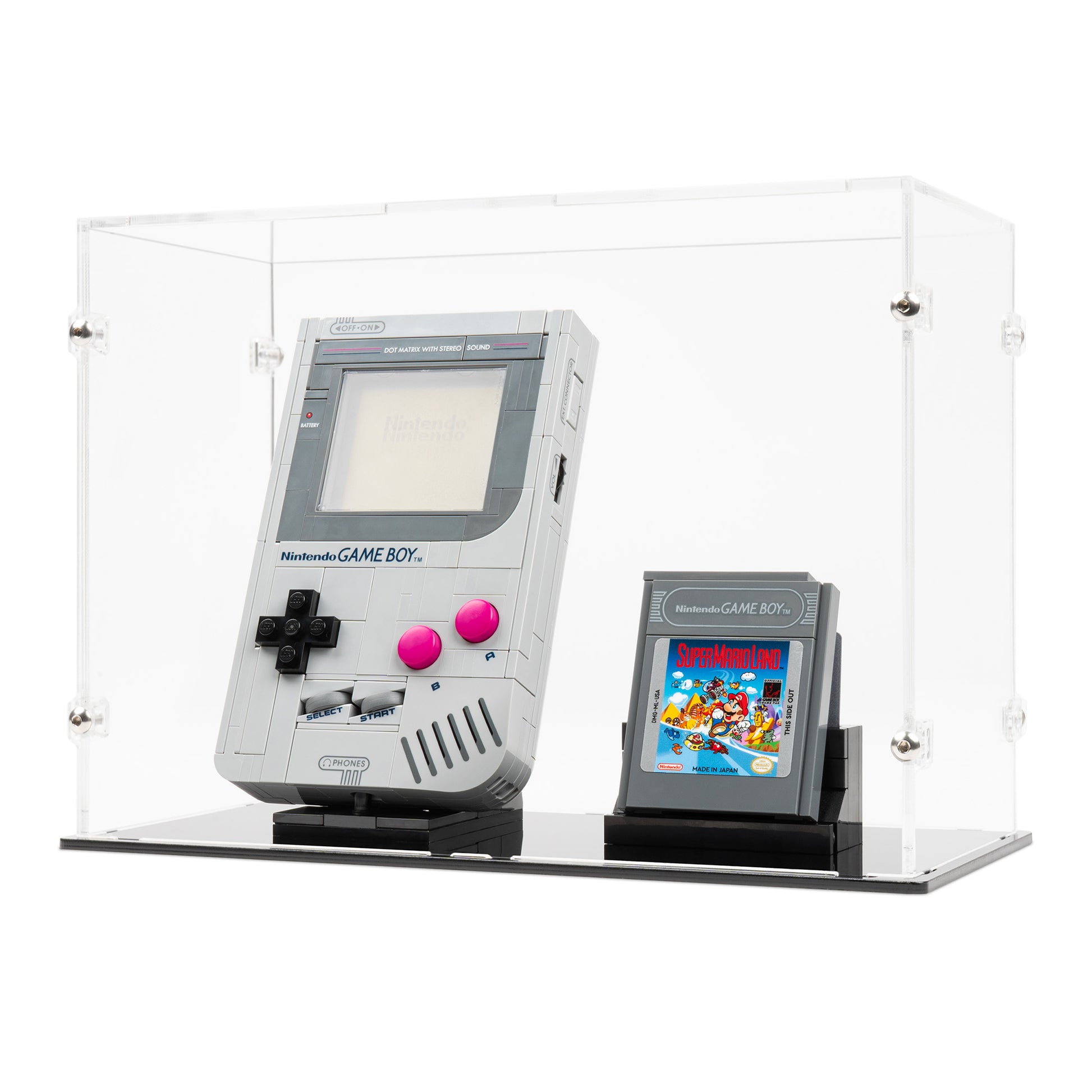 Angled view of LEGO 72046 Game Boy Display Case.