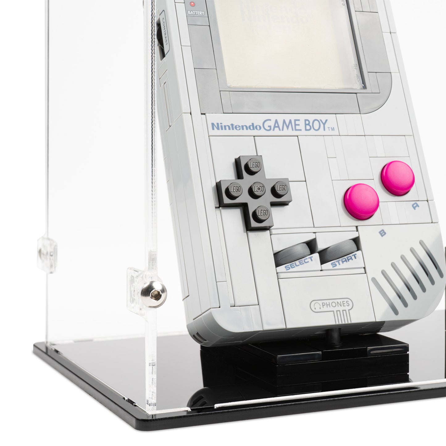 Fitting detail view of LEGO 72046 Game Boy Display Case.