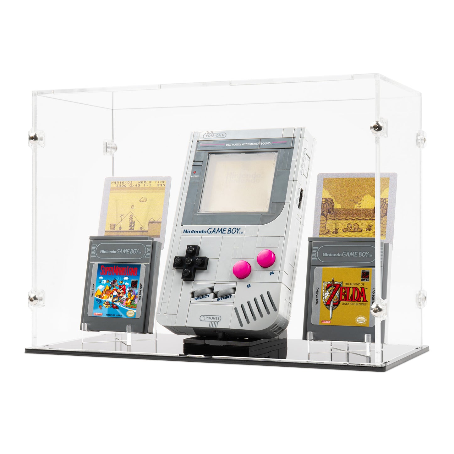 Angled view of LEGO 72046 Game Boy Display Case and Stand.