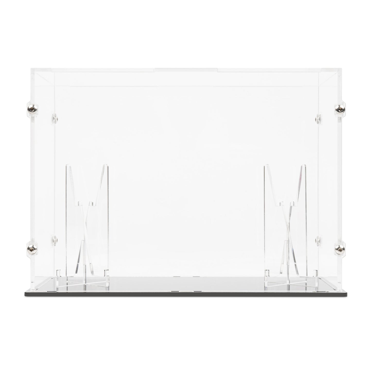 Front view of empty LEGO 72046 Game Boy Display Case and Stand.