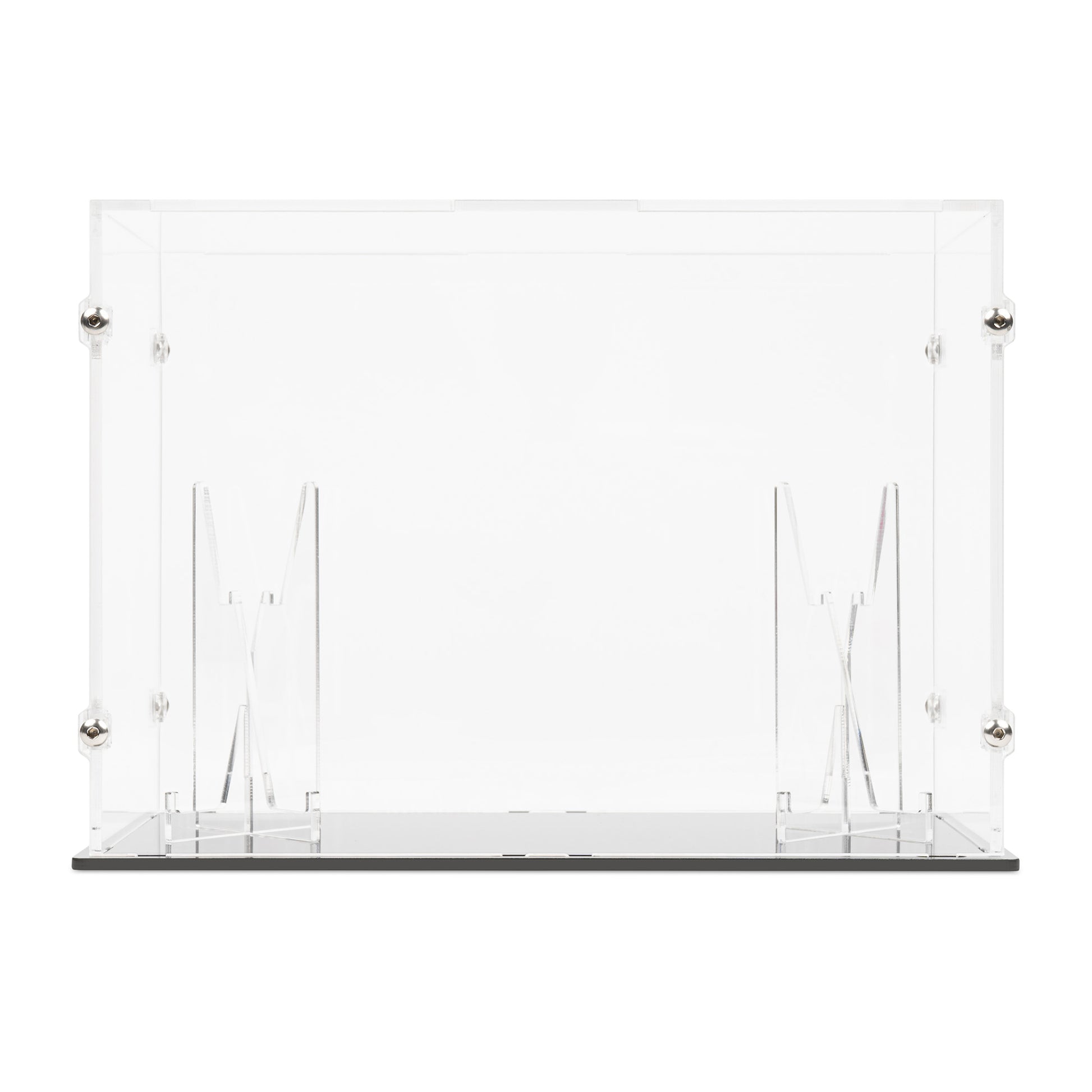 Front view of empty LEGO 72046 Game Boy Display Case and Stand.