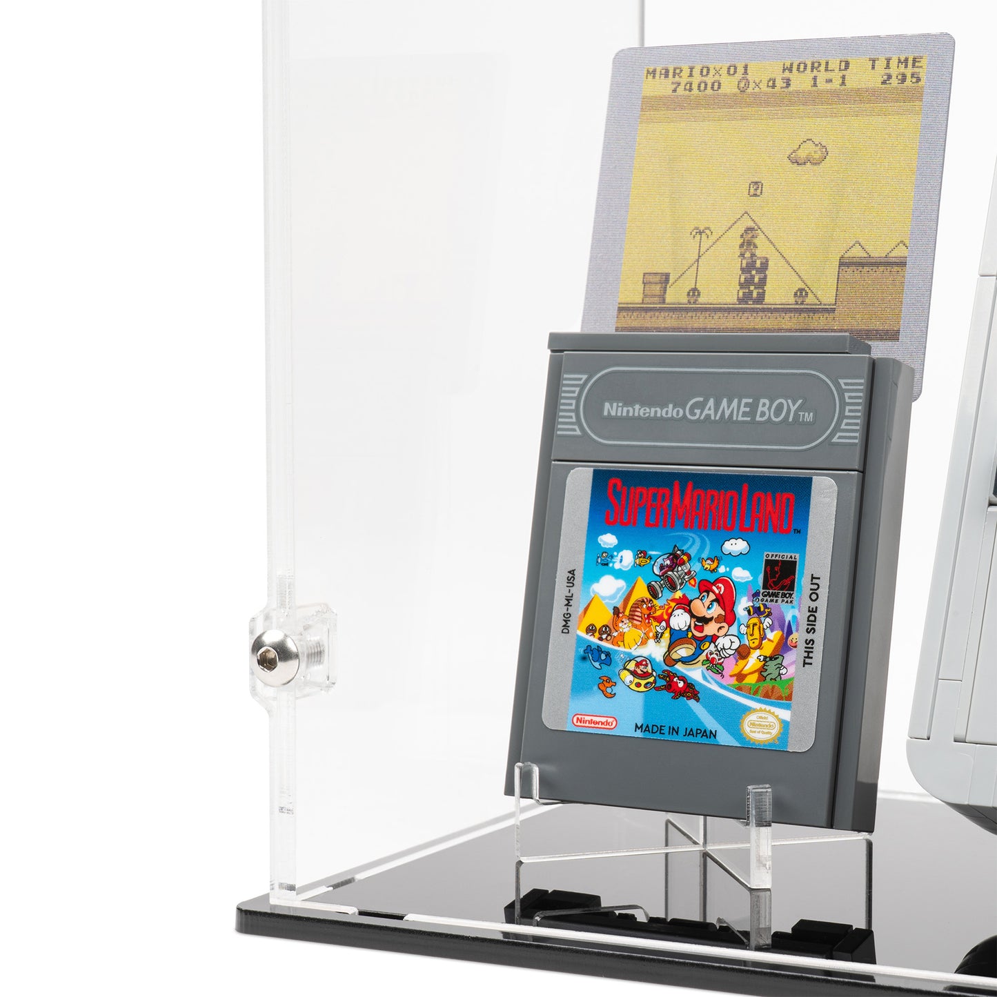 Fitting detail view of LEGO 72046 Game Boy Display Case and Stand.