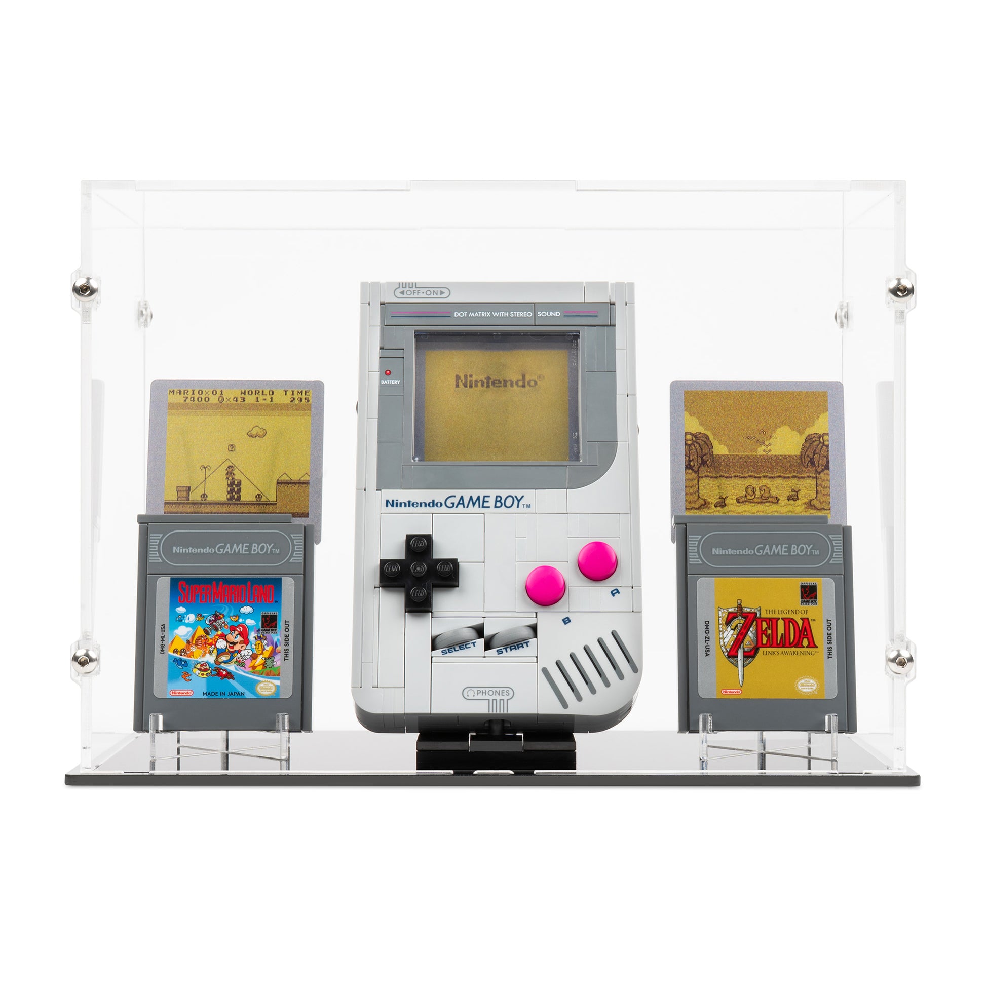 Front view of LEGO 72046 Game Boy Display Case and Stand.
