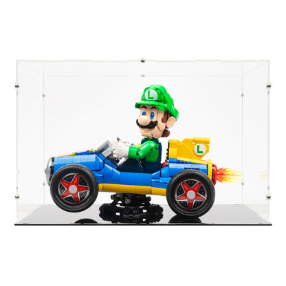 Front view of LEGO 72050 Mario Kart – Luigi and Mach 8 Display Case.