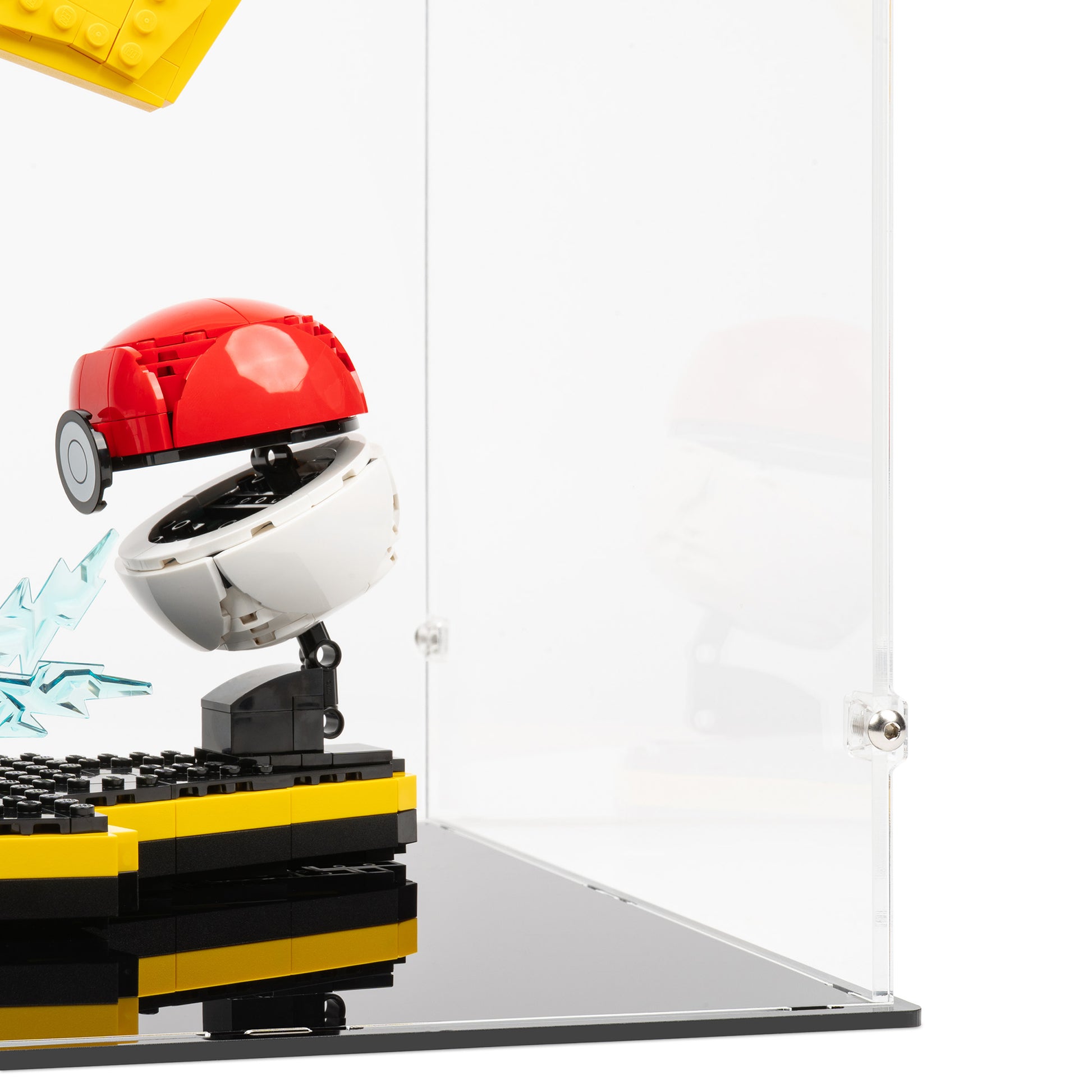 Fitting detail view of LEGO 72152 Pikachu and Poké Ball Display Case.