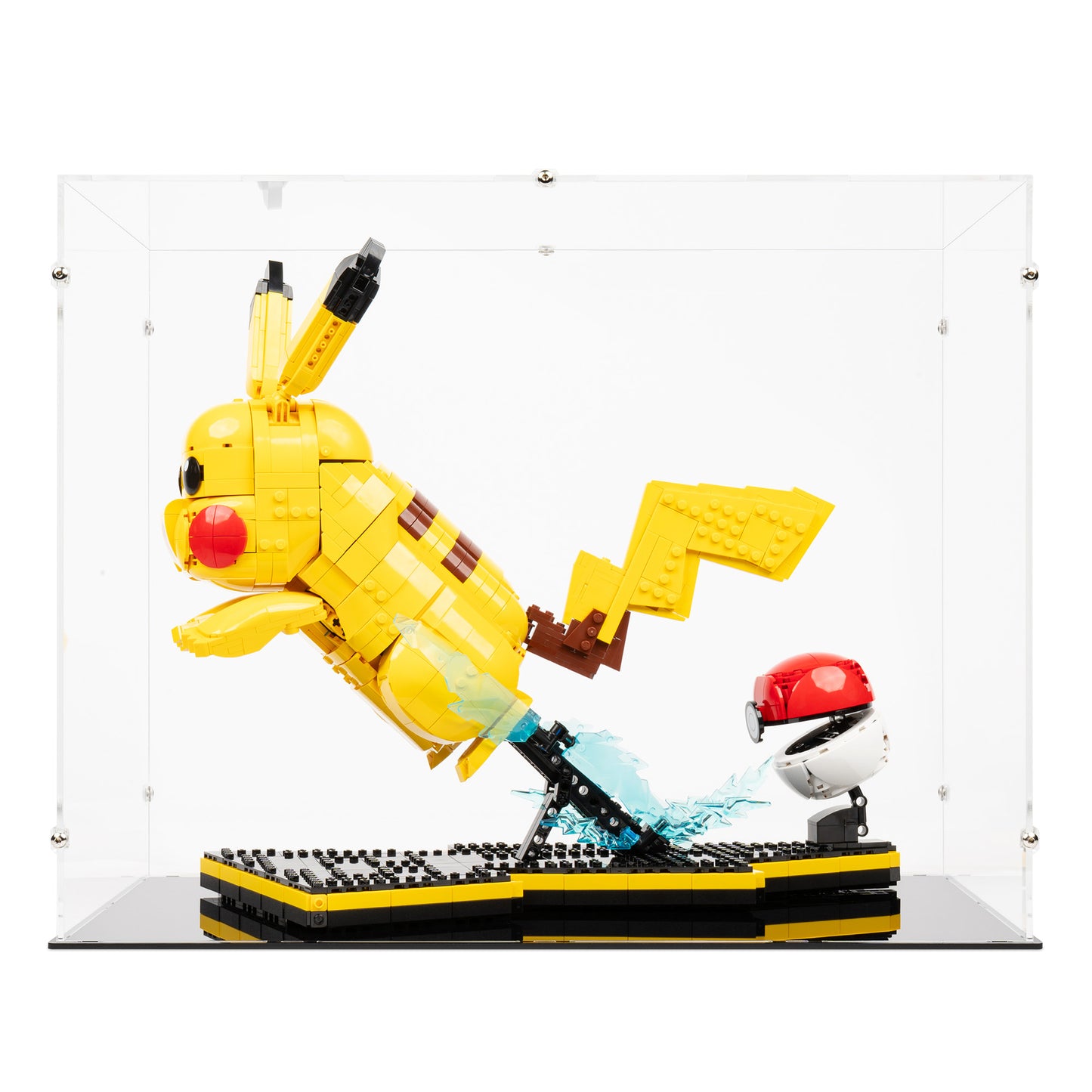 Front view of LEGO 72152 Pikachu and Poké Ball Display Case.