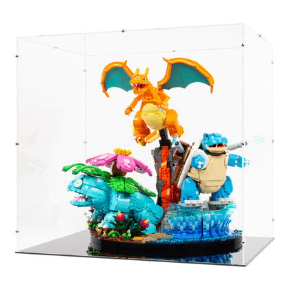 Angled view of LEGO 72153 Venusaur, Charizard and Blastoise Display Case.