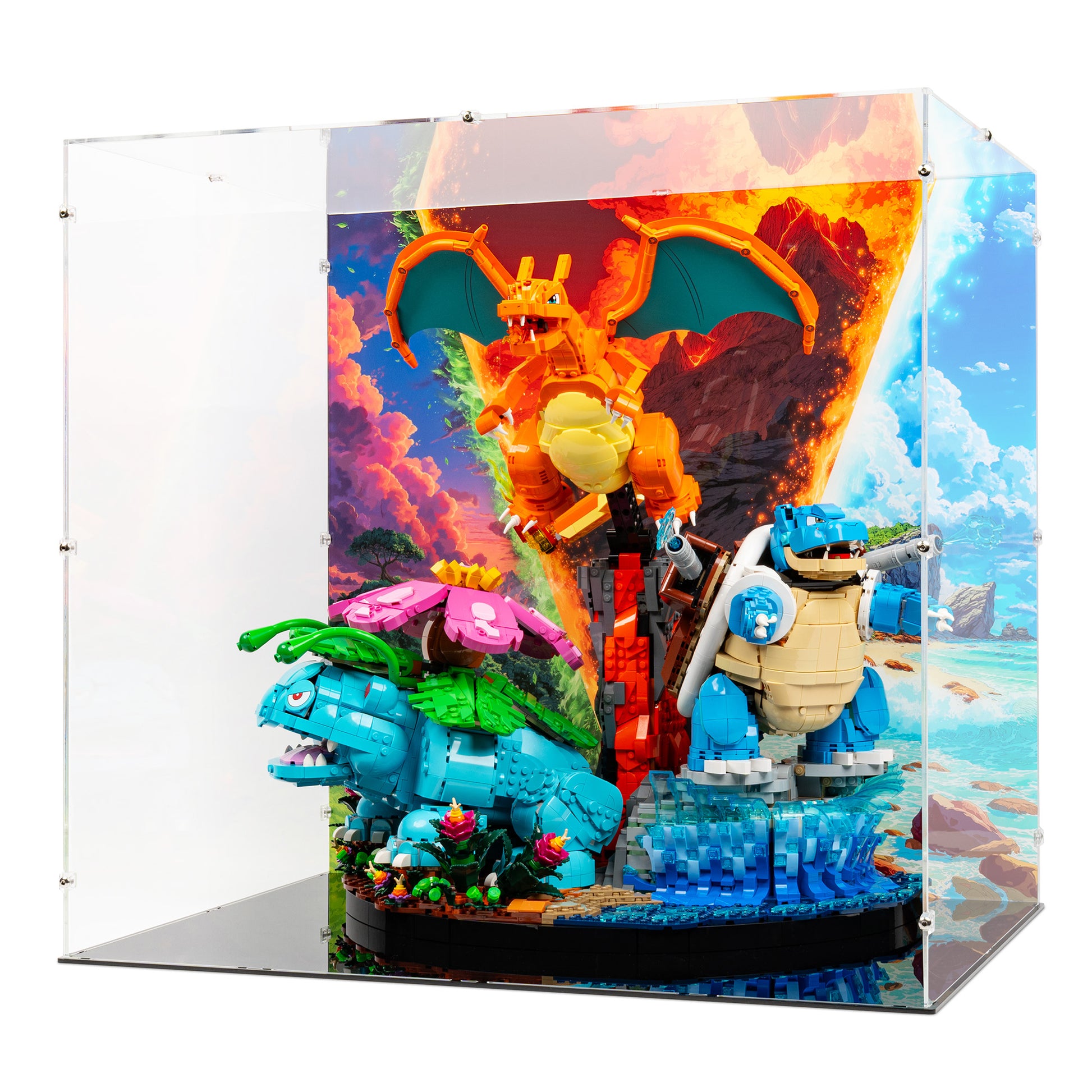 Angled view of LEGO 72153 Venusaur, Charizard and Blastoise Display Case with a UV printed background.
