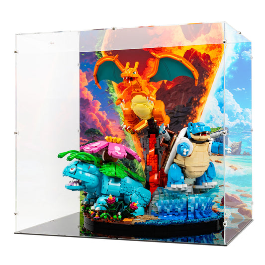 Angled view of LEGO 72153 Venusaur, Charizard and Blastoise Display Case with a UV printed background.