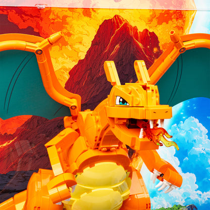 Charizard detail view of LEGO 72153 Venusaur, Charizard and Blastoise Display Case with a UV printed background.