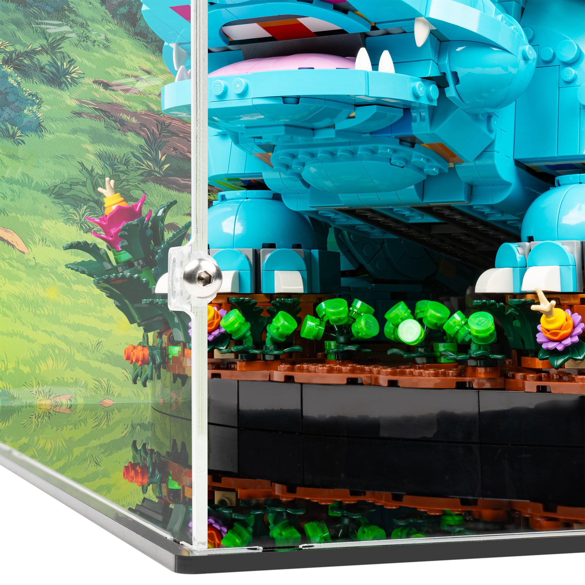 Fitting detail view of LEGO 72153 Venusaur, Charizard and Blastoise Display Case with a UV printed background.