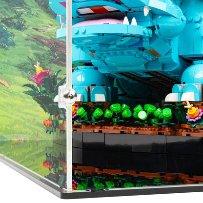 Fitting detail view of LEGO 72153 Venusaur, Charizard and Blastoise Display Case with a UV printed background.