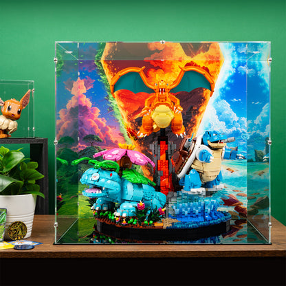 Lifestyle view of LEGO 72153 Venusaur, Charizard and Blastoise Display Case with a UV printed background.