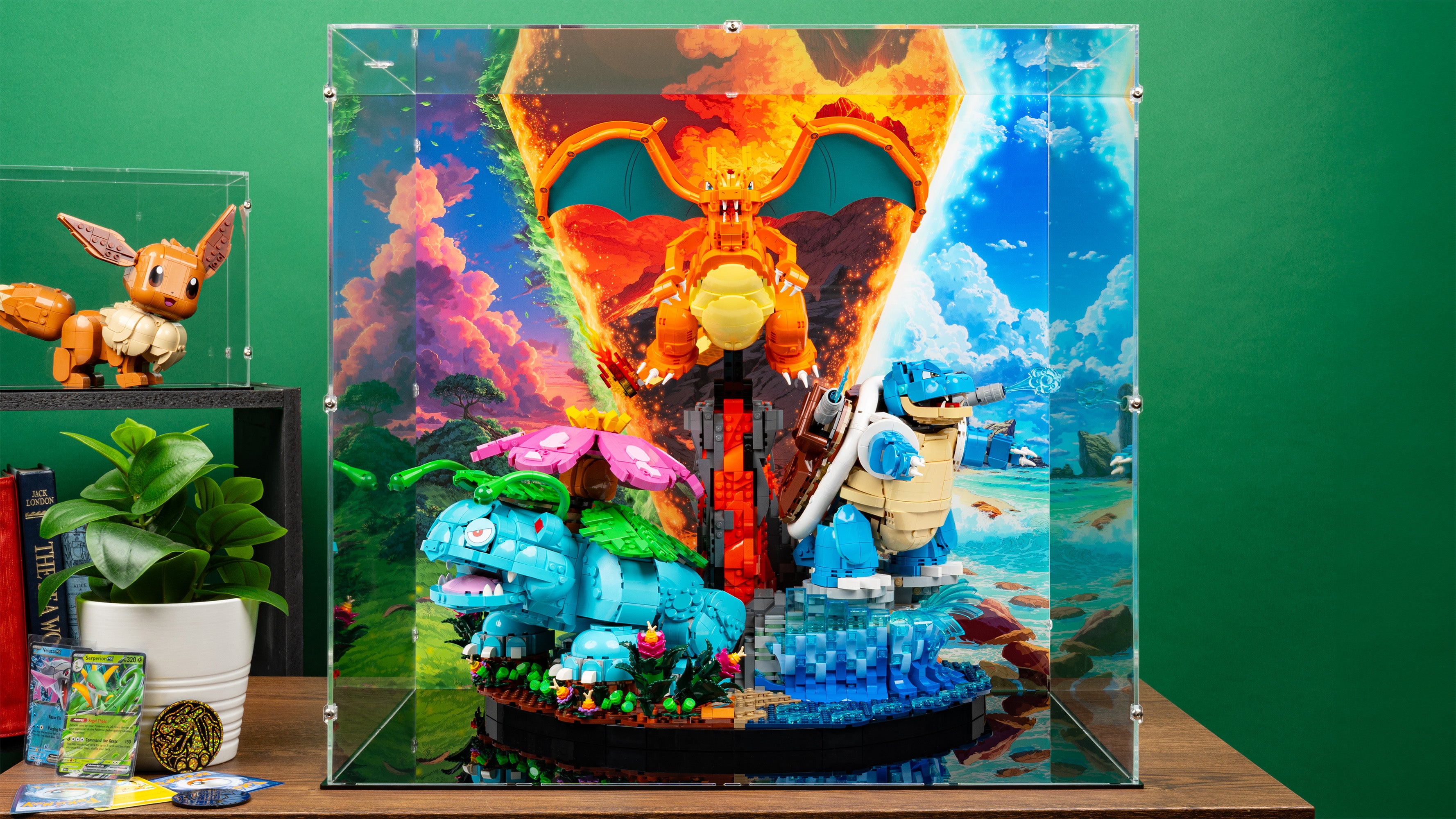 LEGO 72153 Venusaur, Charizard and Blastoise Display Case with a UV printed background.