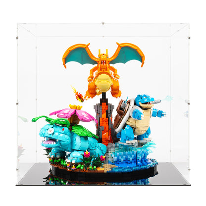 Front view of LEGO 72153 Venusaur, Charizard and Blastoise Display Case.