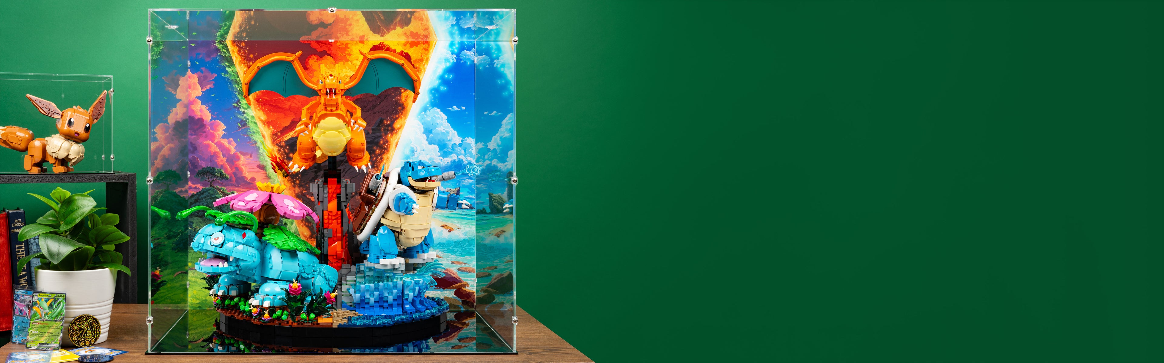 LEGO 72153 Venusaur, Charizard and Blastoise Display Case with a UV printed background.